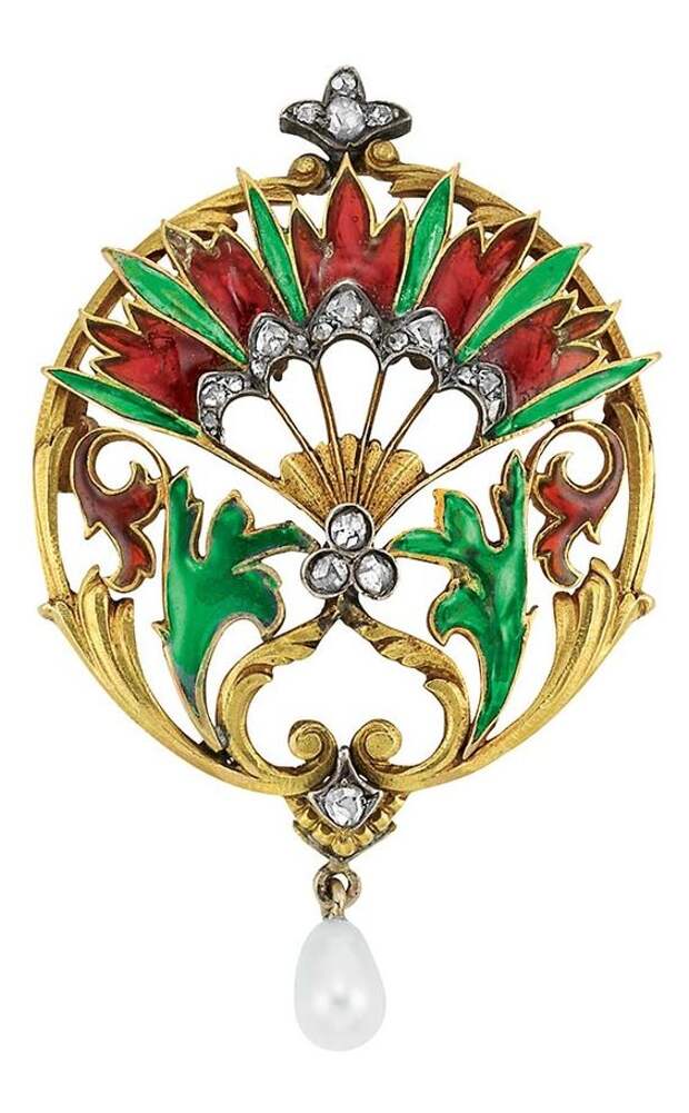 Art Nouveau Gold, Silver, Plique-a-Jour Enamel, Diamond and Pearl Brooch