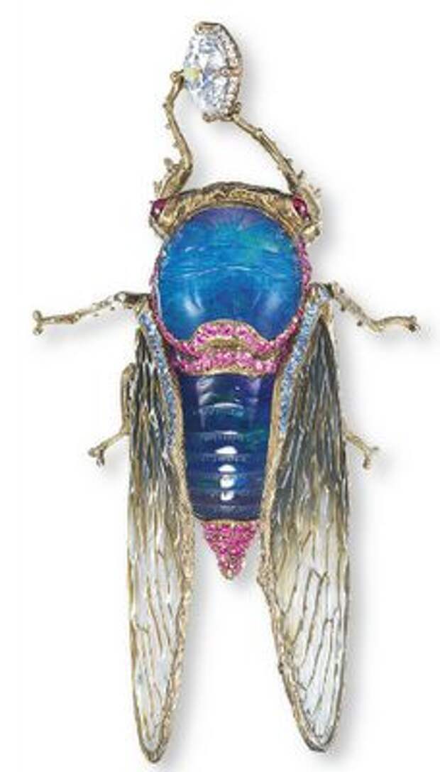 Cicada Dropped Brooch set with black opal and lapis lazuli by Wallace Chan, via Collecting Fine Jewels.