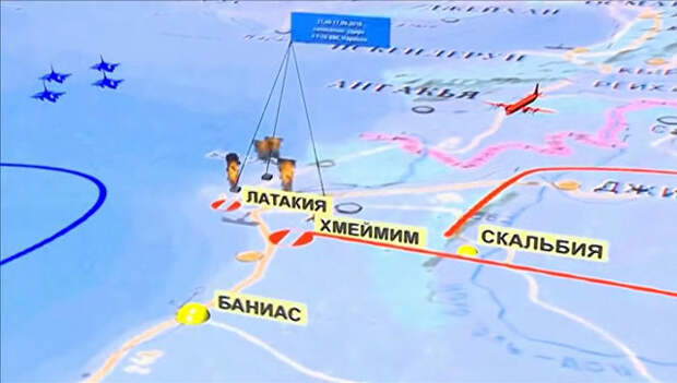 Фрагмент инфографики, демонстрируемый на специальном брифинге министерства обороны России об обстоятельствах крушения Ил-20 ВКС России у побережья Сирии