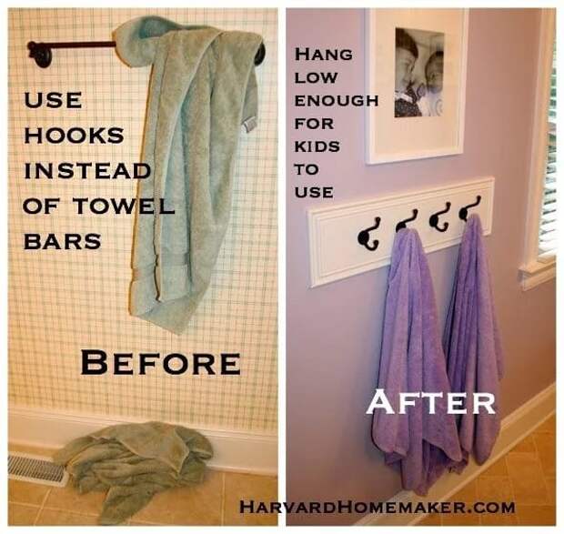 17. Для хранения полотенец лучше использовать крючки, а не балки. Тогда полотенца никогда не окажутся на полу.