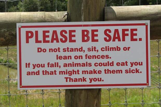 19. Не стойте, не сидите на ограде, не взбирайтесь и не прислоняйтесь к ней. Если вы упадете, животные могут съесть вас и заболеть. знак, мир, юмор