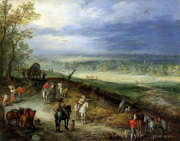 Пейзаж с путниками. 1608-10. 33х46. Частная коллекция, Автор: Brueghel, Jan The Elder (1568-1625) (Ян Старший (1568-1625) Брейгель)Brueghel, Jan The Elder (1568-1625) (Живопись на Gallerix.ru)