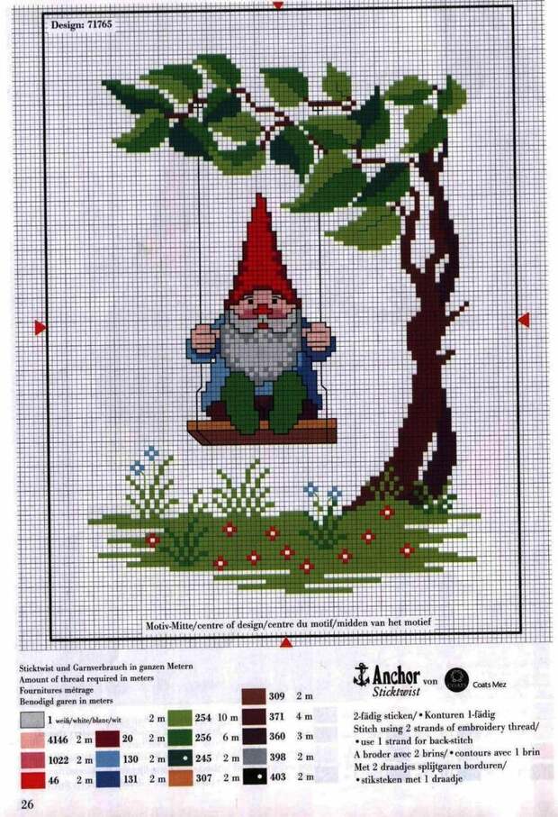 swinging gnome - This is a cross stitch pattern, but I wonder if I can turn it into something to crochet?: 