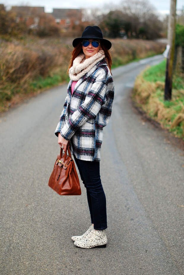 Check coat, fedora & flat booties