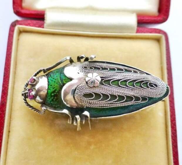 VICTORIAN RARE REAL SCARAB BEETLE RUBY EYES SILVER BROOCH
