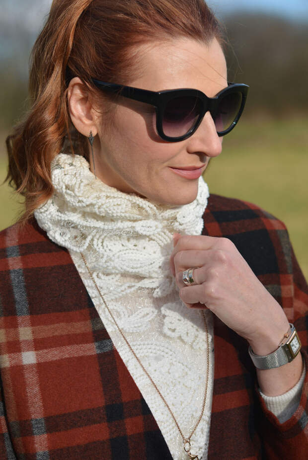 White lace roll neck, plaid jacket