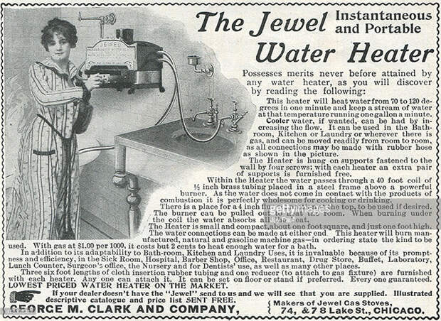 Реклама портативного моментального обогревателя для воды George M Clarck, Чикаго, Иллинойс, 1901. америка, история, реклама