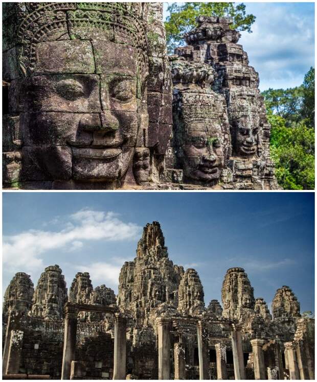 Храм Байон поражает каменными ликами, «настроение» которых зависит от того, как падают лучи солнца (Ангкор, Камбоджа).