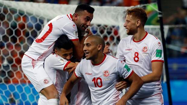 Tunisia’s Wahbi Khazri (10) celebrates with his teammates after scoring his side’s second goal during the group G match between Panama and Tunisia at the 2018 soccer World Cup at the Mordovia Arena in Saransk, Russia.