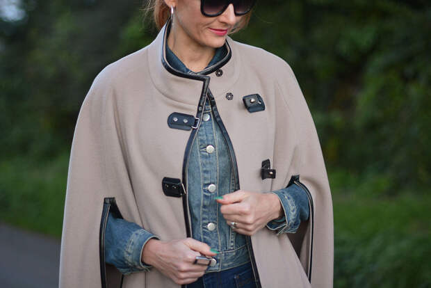 Taupe wool cape with denim jacket