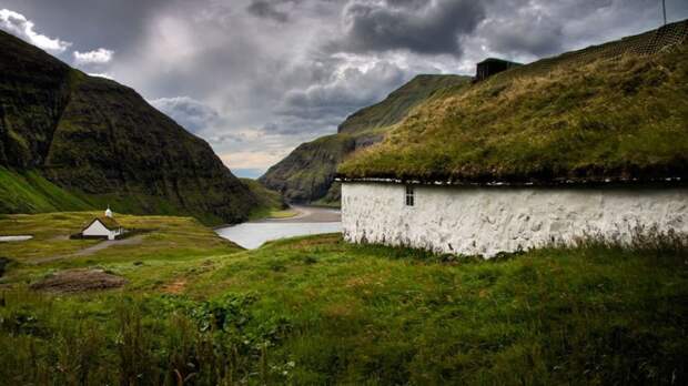 Трава на крыше в Саксун, Фарерские острова зелёные крыши, экологичный дом
