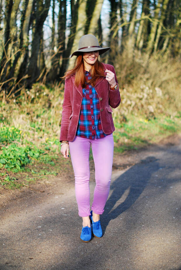 Plum corduroy jacket, lilac jeans & blue brogues