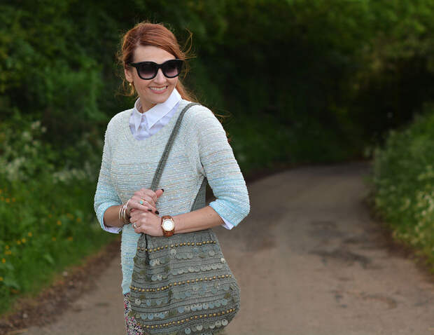 Summer layers | Ombre pastel sweater, white button down, sequinned hobo bag