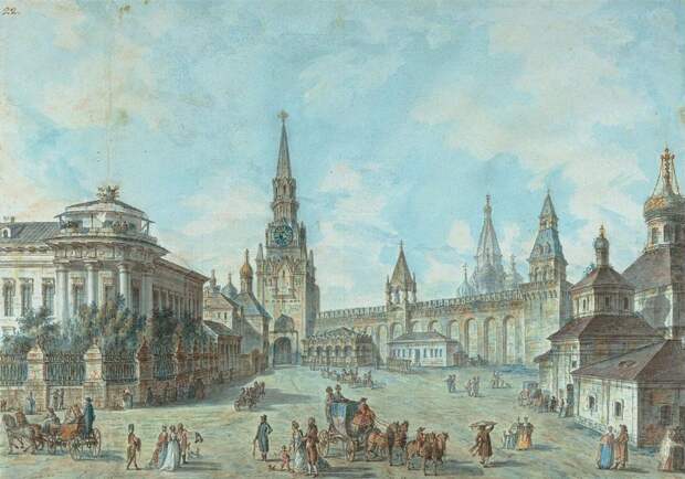 Спасские ворота (Вид в Кремле у Спасских ворот на Архиерейский дом и церковь Николы Гостунского). 1800-е.
