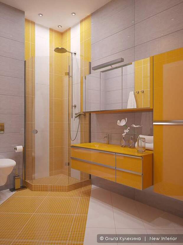 Интерьер желтой ванной комнаты фото, мебель для ванны, планировка ванны с душевой кабинкой