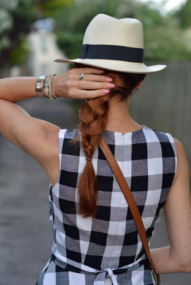Not Dressed As Lamb | Fit-and-flare black and white gingham dress, Panama hat