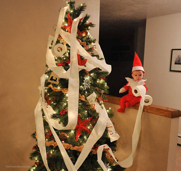 Вот эльф обмотал рождественскую елку туалетной бумагой костюм, малыш, эльф