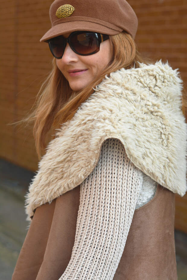 Shearling/suede gilet, vintage 60s hat