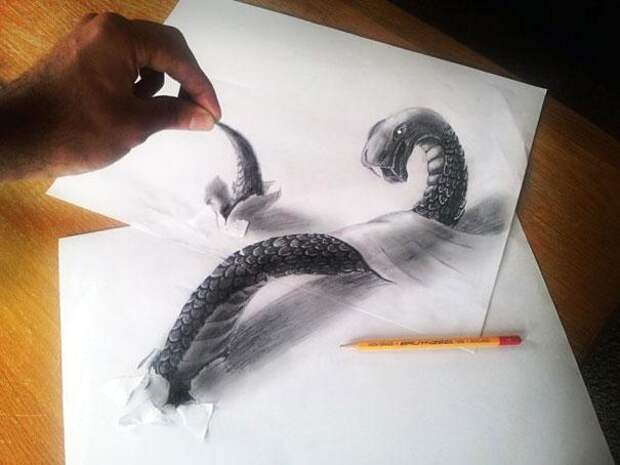 3d рисунки простым карандашом змея