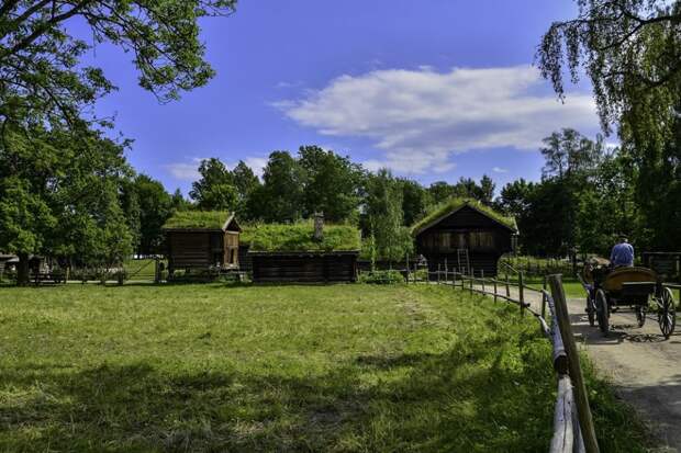 Музей-усадьба Халлипгдал в Норвегии. Усадьба является старейшим в мире музеем под открытым небом. зелёные крыши, экологичный дом