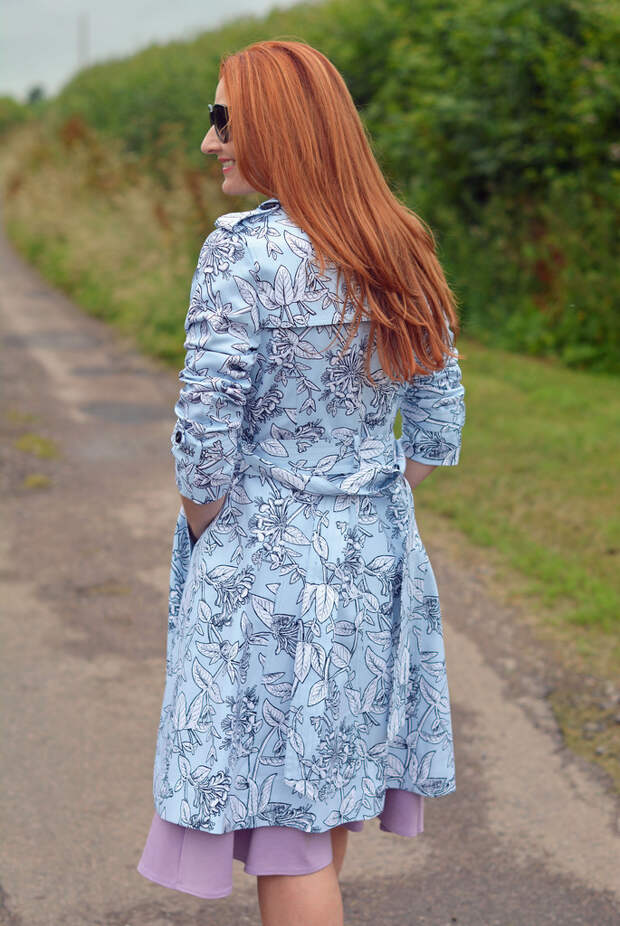 Not Dressed As Lamb | Blue floral trench, yellow tank, purple flare midi skirt