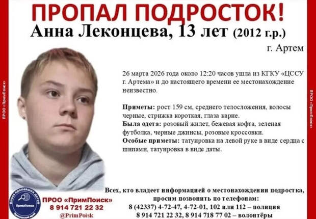 В полиции Приморья рассказали о поисках 13-летней девочки с татуировкой