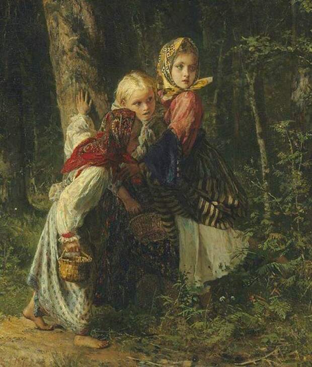 Крестьянские девочки в лесу. Автор: Алексей Корзухин.