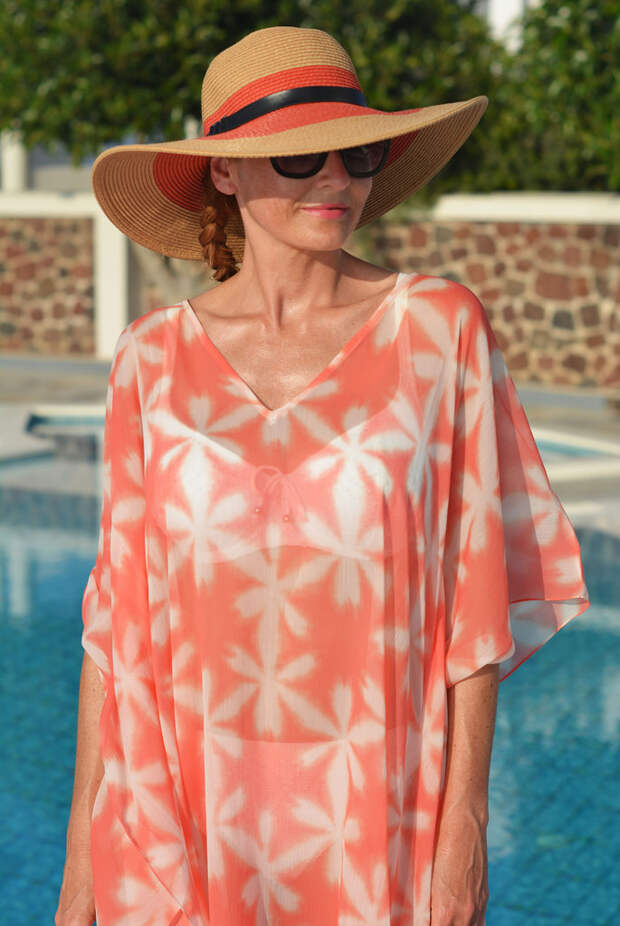 Full length floral kaftan, white bikini, wide-brimmed hat | Not Dressed As Lamb