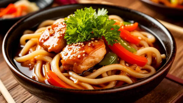 Домашний ужин а-ля Япония: сочная лапша удон с курицей в соусе терияки, от которой не оторваться