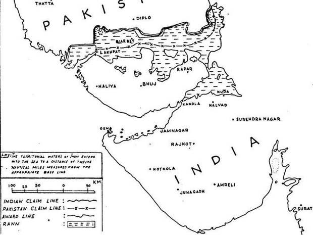 Карта Качского Ранна с предполагаемыми линиями разграничения - Индо-пакистанская война 1965 года. Пролог | Военно-исторический портал Warspot.ru