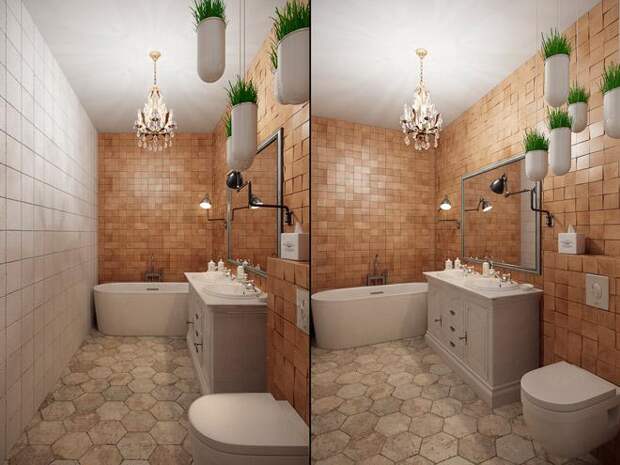 Интерьер ванной комнаты, плитка с фактурой дерева, напольная плитка соты