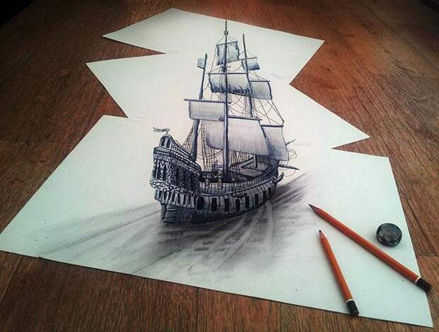 3d рисунки простым карандашом корабль