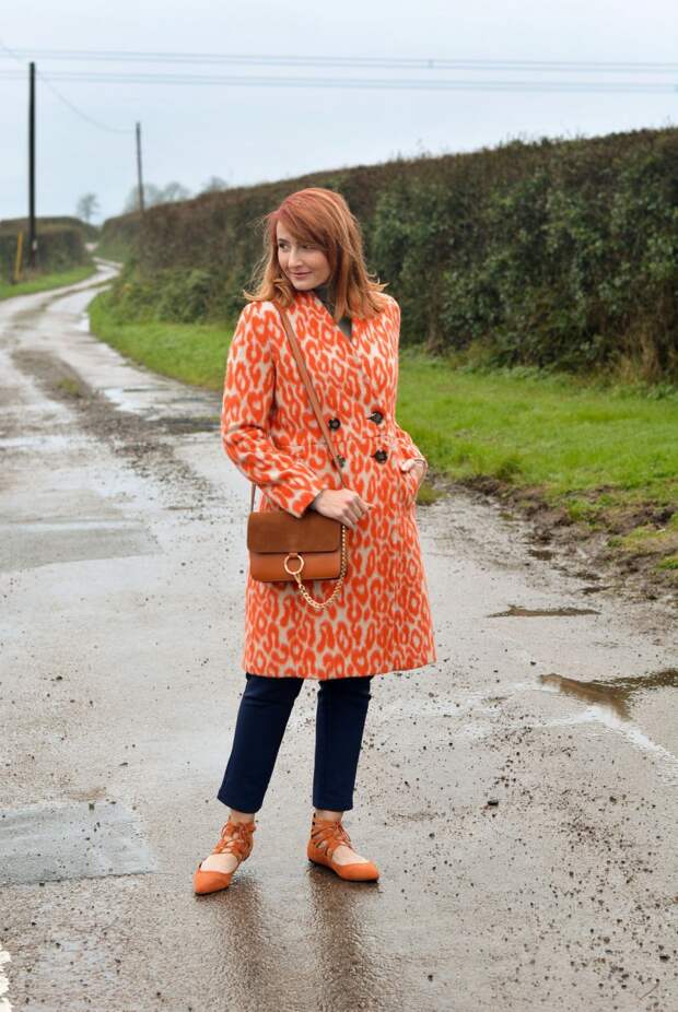 Orange animal print coat with navy | Not Dressed As Lamb