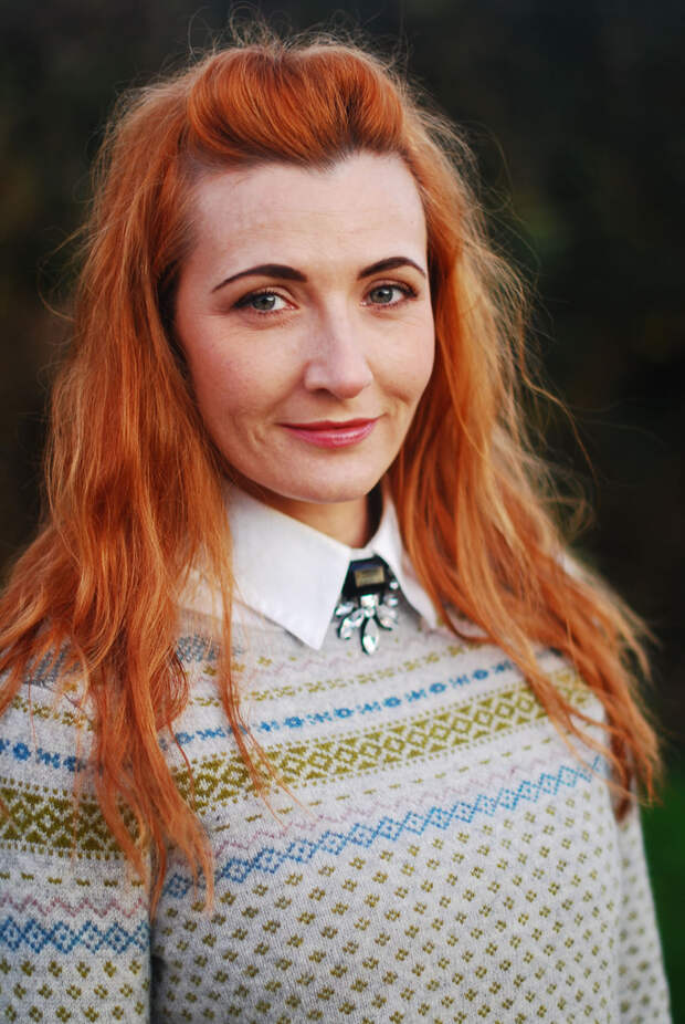 Fairisle sweater, white shirt and pin
