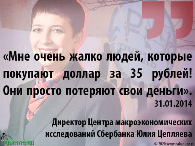 На изображении может находиться: 1 человек, текст «<<мне очень жалко людей, которые покупают доллар за 35 рублей! они просто потеряют свои деньги> 31.01.2014 31.01. HAKAHYHERU директор центра макроэкономических исследований сбербанка юлия цепляева 2020»