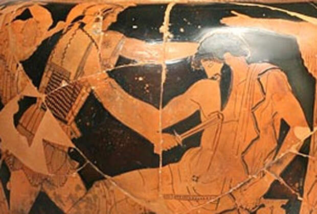Орест убивает Эгиста (любовника матери). Рисунок на вазе. V в. до н.э. 