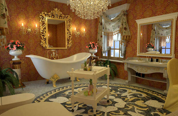 Главные элементы ванного интерьера – большие зеркала в резных рамах
