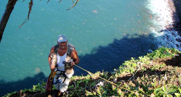 a photo of Steve Perlman rappeling down a verdant cliff over turquoise waters