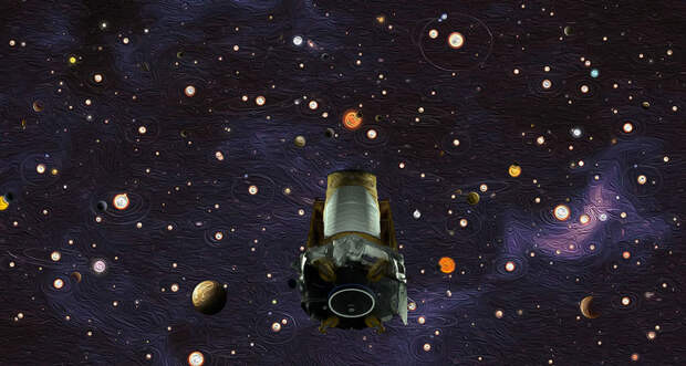 an illustration of the Kepler space telescope in space