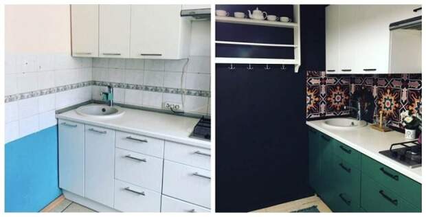 Кухня до и после покраски гарнитура, стен и смены фартука. / Фото: kakpostroit.su