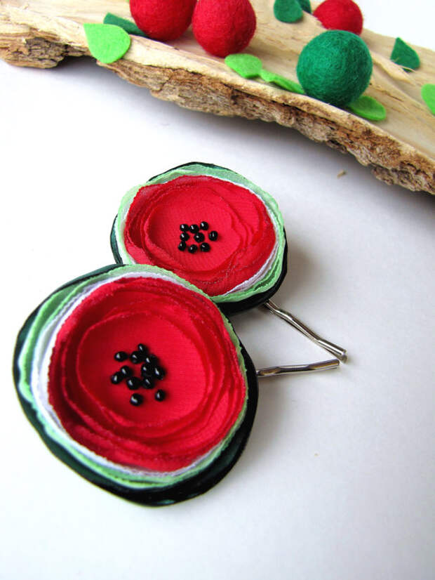 Ручной заколками с тканью цветы (2 шт) - крошечные FRESH АРБУЗОВ