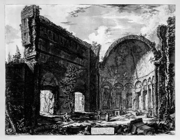 Фрагмент зала апартаментов в Кастро Преторио на вилле Адриана в Тиволи. Библиотека на вилле Адриана в Тиволи. Вид зала, принадлежащего Кастро Преторио на вилле Адриана в Тиволи.