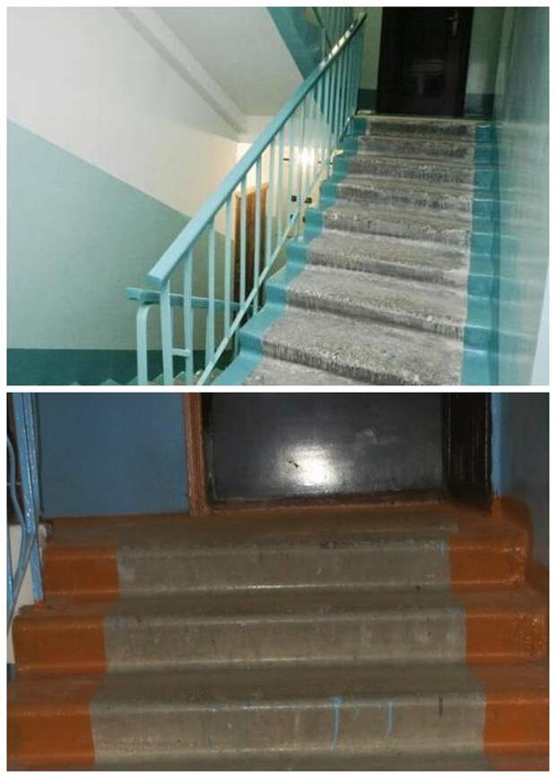 В советское время края ступеней на лестнице в подъезде всегда красили.