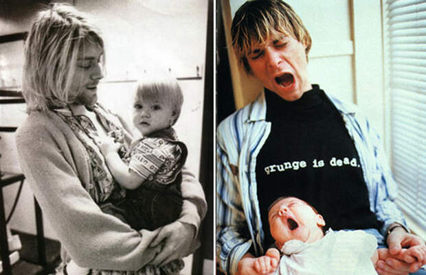 Курт Кобейн с новорождённой дочерью Френсис Бин Кобейн.