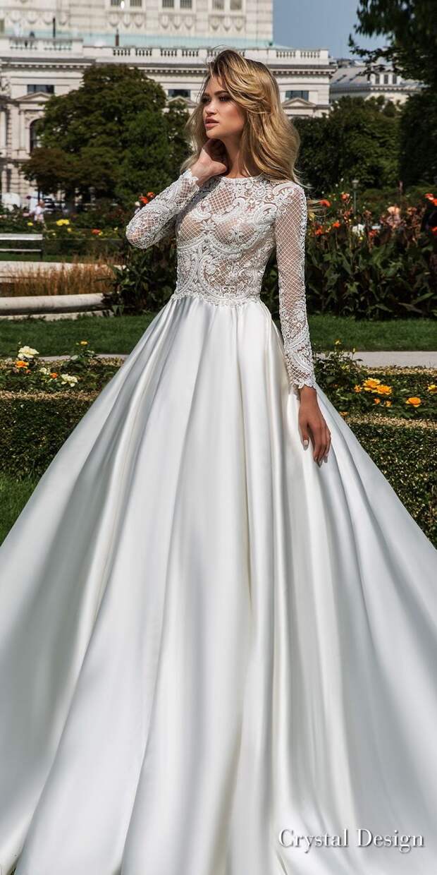 crystal design 2018 long sleeves jewel neck heavily embellished bodice satin modest a line wedding dress covered lace back royal train (dilma) mv