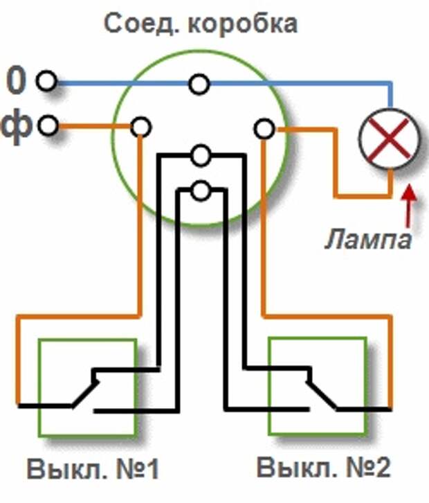 Проходной выключатель. Схема подключения
