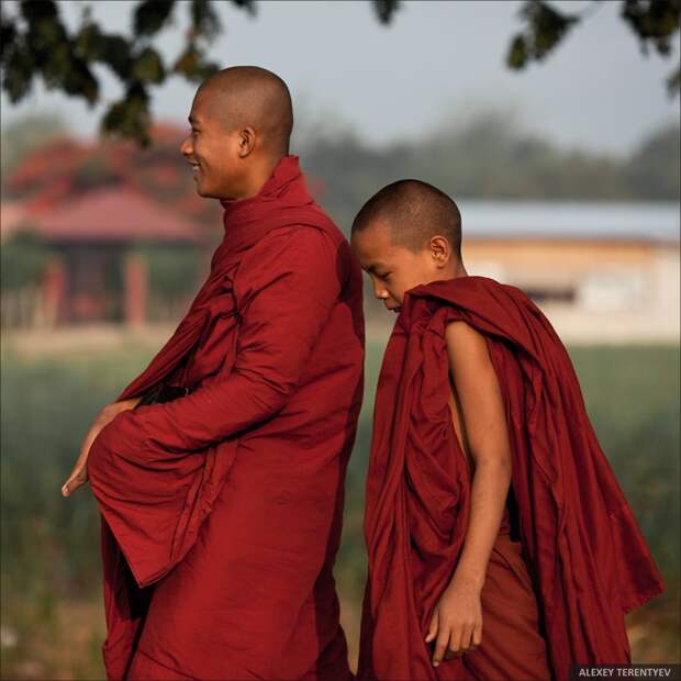 Myanmar08 Рассвет над рисовыми полями и кормление монахов