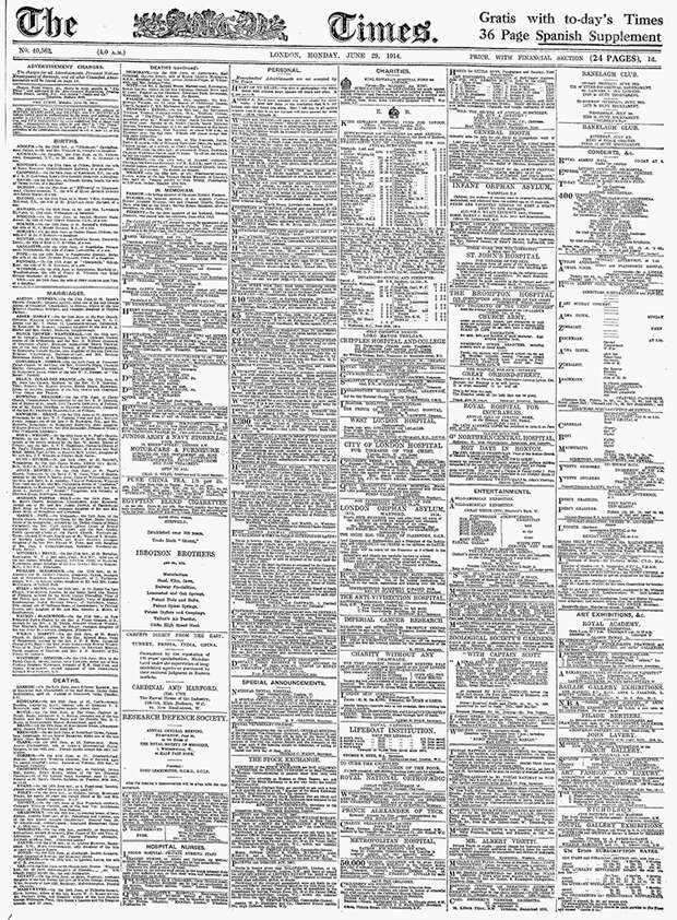 Газета The Times от 29 июня 1914 года.