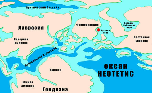 Рис. 7. Палеогеографическая реконструкция континентов в средне-меловое время