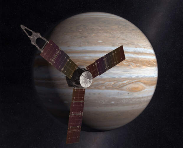 Juno станет вторым аппаратом в истории, который займётся изучением атмосферы Юпитера на месте. Но найдёт ли он там воду? (Иллюстрация NASA.)